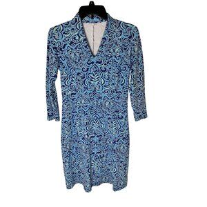 J. McLaughlin Blue & Aqua Damask Print 3/4 Sleeve Dress XS Nylon/Spandex Travel